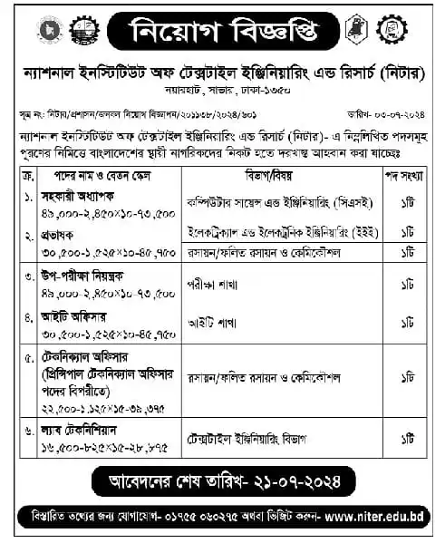 National Institute of Textile Engineering and Research has published NITER Govt Jobs Circular 2024 PDF