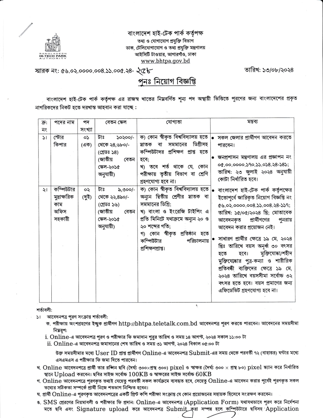 BHTPA Govt Job Circular 2024 PDF is officially published