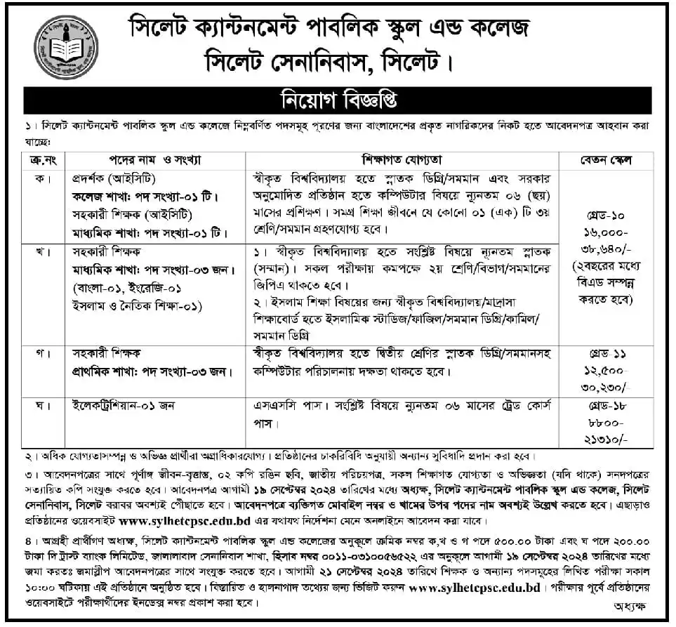 Sylhet Cantonment Public School and College Govt Job Circular 2024