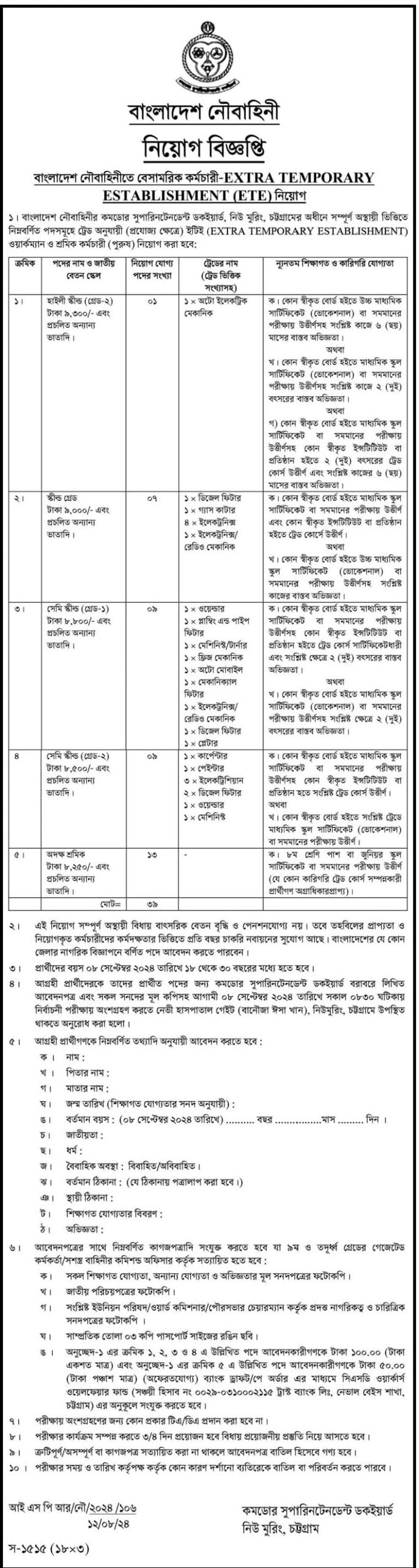 Bangladesh Navy has Published the Navy Job Circular 2024 PDF