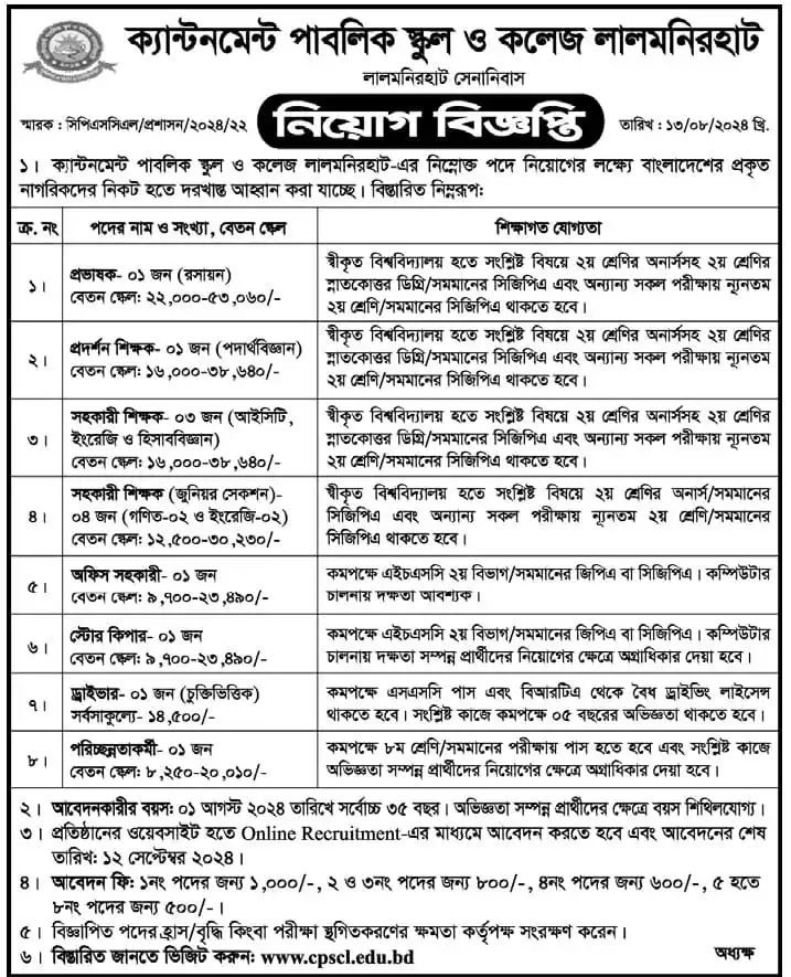 Lalmonirhat Cantonment Public School and College Govt Job Circular 2024