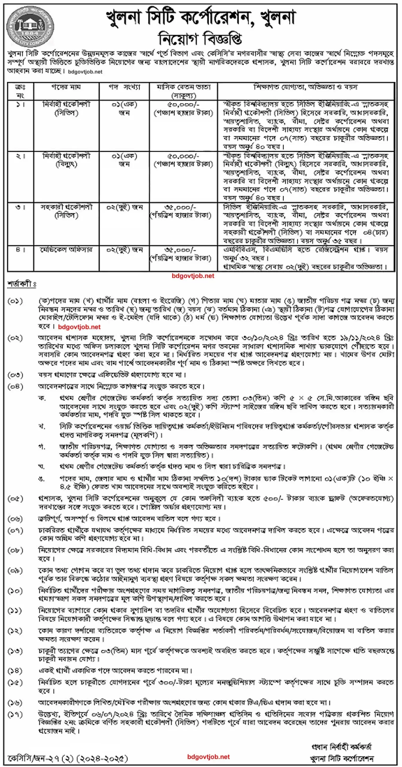 Khulna City Corporation Govt Job Circular 2024