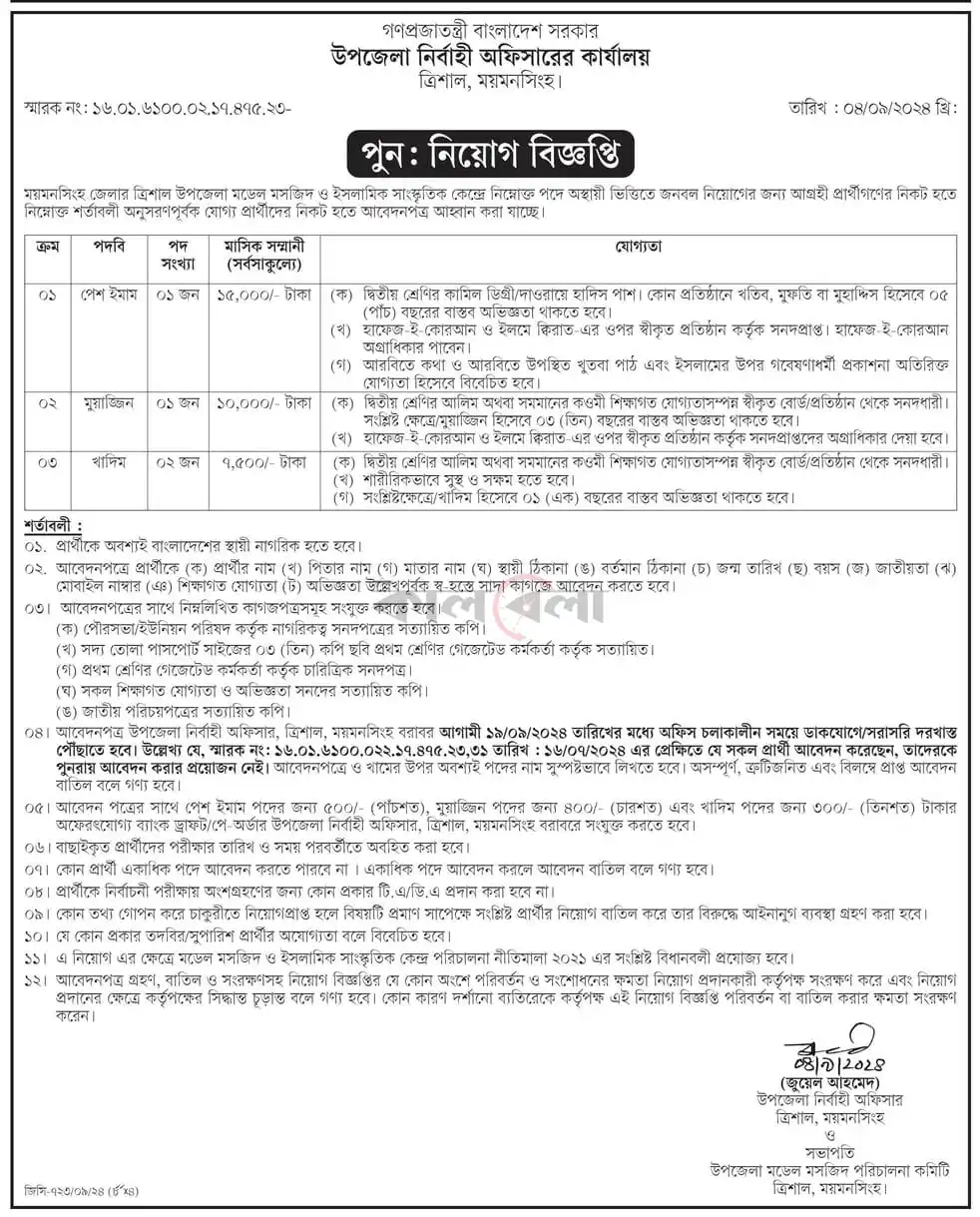 Upazila Nirbahi Office Job Circular 2024-2