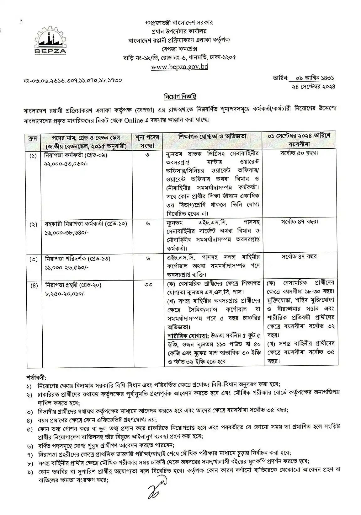 BEPZA Govt Job Circular 2024 PDF is officially published